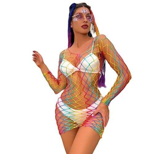 ZGMYC Women Rave Mesh Bikini Cover Ups & Mini Skirt Outfit
