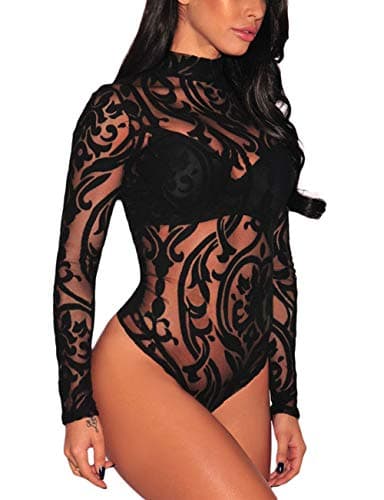 Sheer Mesh Long Sleeve Bodysuit for Women