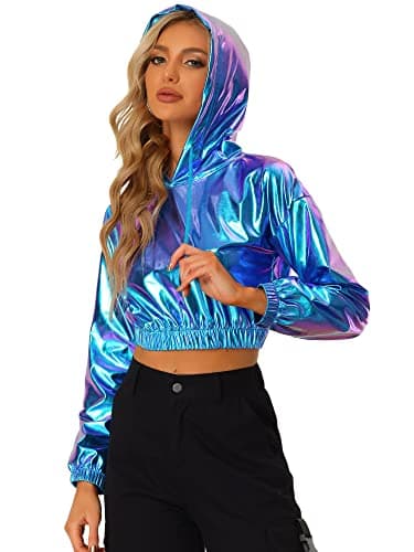 Holographic Metallic Crop Top Hoodies for Women