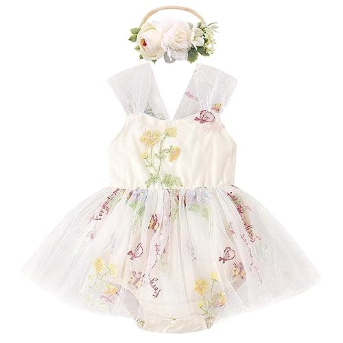 Newborn Baby Girl 1st Birthday Lace Tulle Romper Dress with Floral Headband