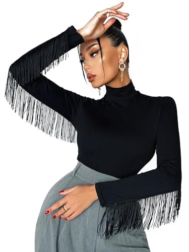Black Fringe Long Sleeve Bodysuit for Women