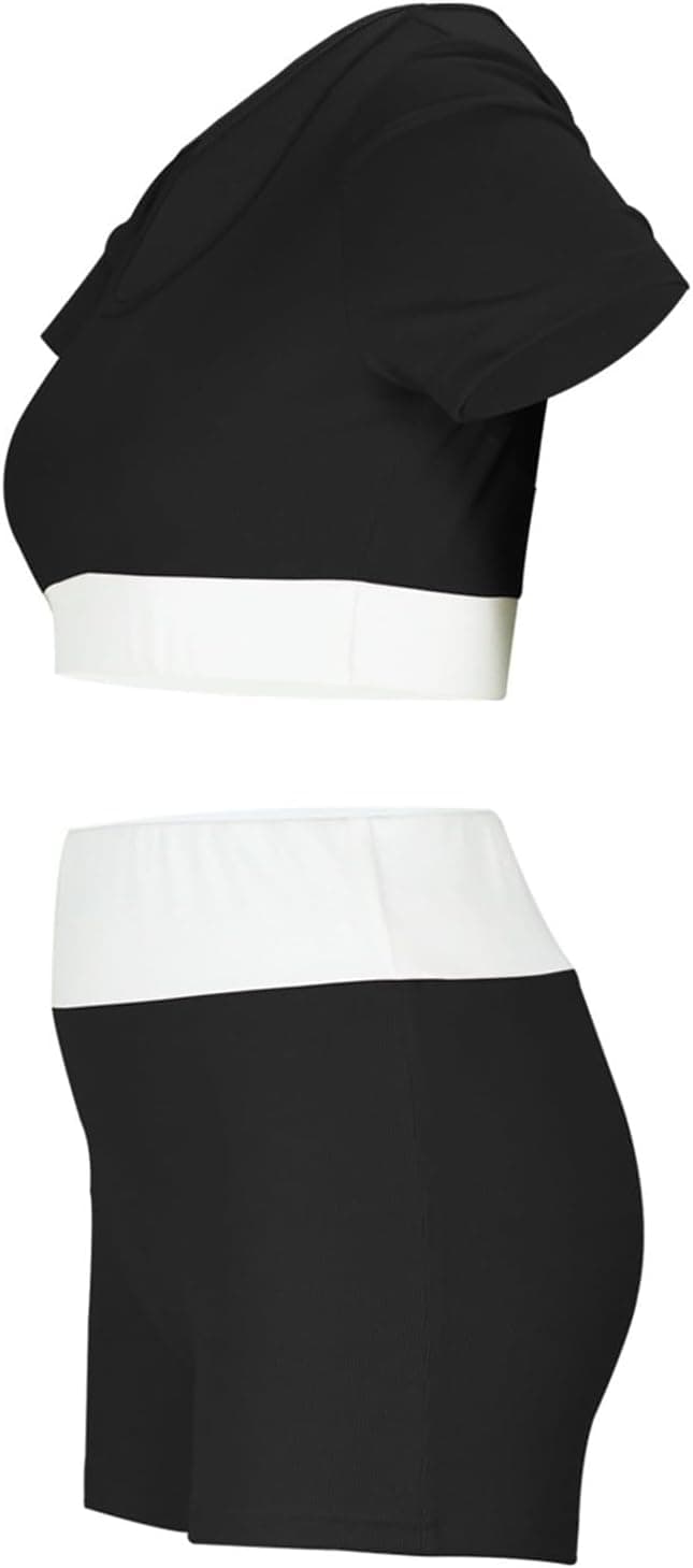 Women's Color Contrast U Neck Sexy Crop Yoga Suit Short Sleeve Shorts Two Piece Set Cute Swimsuits Cover up