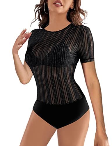Sheer Mesh Long Sleeve Bodysuit for Women