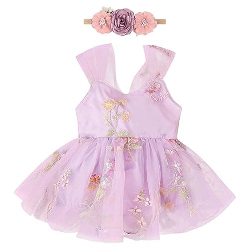 Newborn Baby Girl 1st Birthday Lace Tulle Romper Dress with Floral Headband