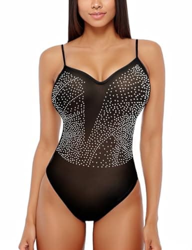 Sexy Rhinestone Studded Sheer Mesh Bodysuit for Women