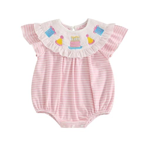Amiblvowa Baby Girl 1st Birthday Sleeveless Embroidery Smocked Romper
