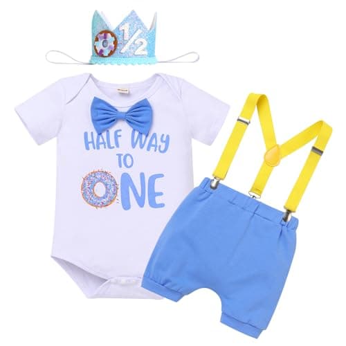 Half Birthday Outfit for Baby Boy: Romper, Suspenders, Crown Smash Cake Set