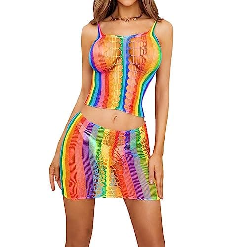 MINGSEECESS Women's Rainbow Striped See-Through Bodysuit Bikini Cover-Up