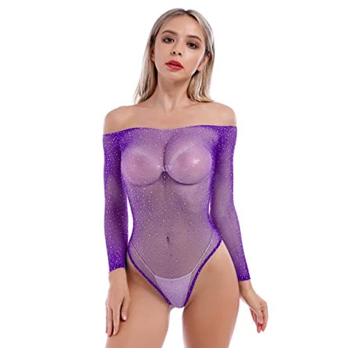 Sparkling Rhinestone Teddy Fishnet Bodysuit with Off Shoulder Design