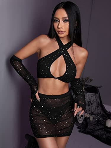 Verdusa Women's Glitter Mesh Halter Top & Skirt Set with Arm Sleeves