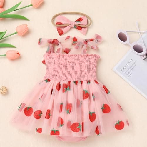 IMEKIS Boho Strawberry Romper Tulle Dress with Headband for Baby Girl Summertime Fotos