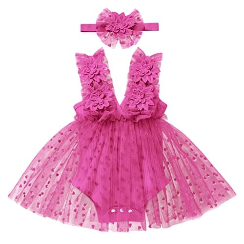 Newborn Baby Girl 1st Birthday Lace Tulle Romper Dress with Floral Headband