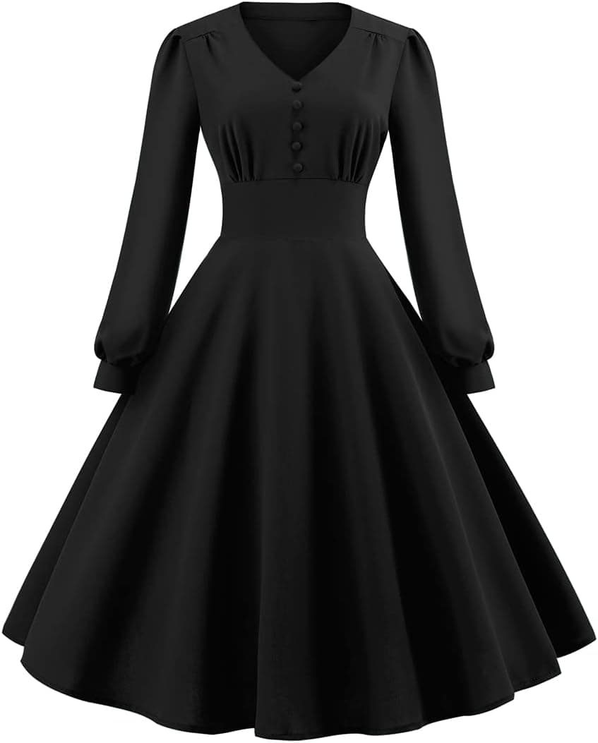Retro 1950s Cocktail Dress for Women Vintage Long Puff Sleeve V Neck A Line Wedding Guest Dress