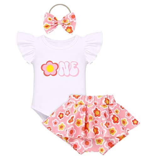 FYMNSI Baby Girls Sunflower Peach 1st Birthday Romper + Shorts + Headband for Cake Smash Photo Props