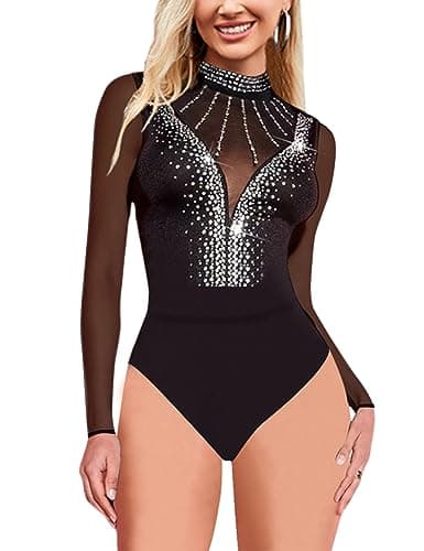 UEOIOW Women's Sheer Mesh Rhinestone Bodysuit Tops