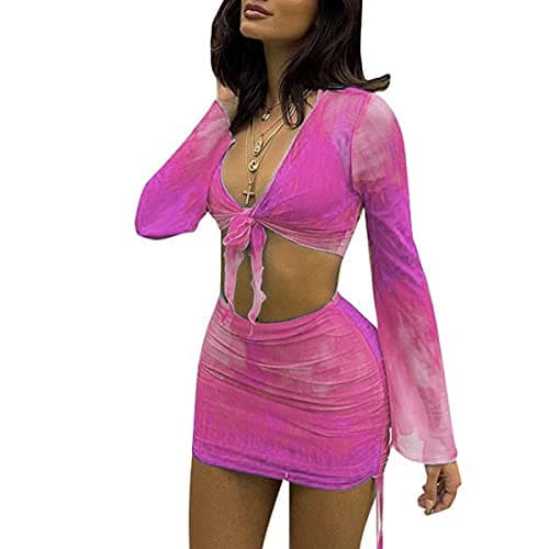 SHESEEWORLD Women's Sexy Long Sleeve Ruched Crop Top & Sheer Mini Skirt Sets