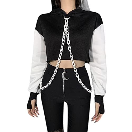 Goth Skeleton Hoodie Crop Top with Iron Chain for Halloween Festival