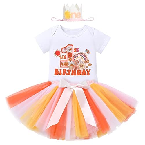 IBTOM CASTLE Baby Girl 1st Birthday Floral Lace Romper & Tutu Set+Crown Photo Clothes