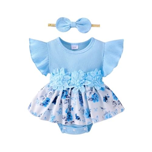 Cute Summer Outfit Set for Baby Girls 0-18 Months Romper Skirt Sleeve Ruffle Bow Headband