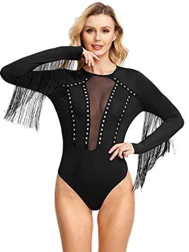 SweatyRocks Women's Sheer Mesh Cowgirl Bodysuit with Fringe Long Sleeves