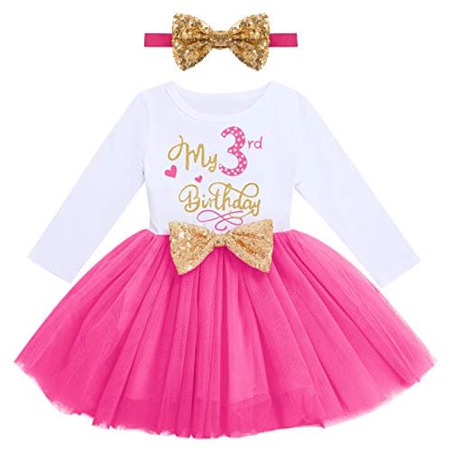 ODASDO My 1st / 2nd / 3rd Birthday Toddler Long Sleeve Tutu Dress & Bowknot Headband Set