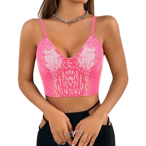 Giovacker Women's V-Neck Sparkle Sequined Crop Top Tank Vest