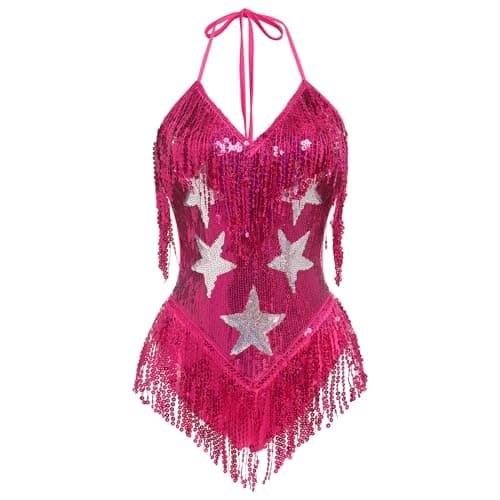 FYMNSI Women's Rave Bodysuit: Sleeveless Sequin Tassel Leotard for Nightclub and Halloween
