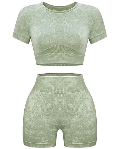 OLCHEE Women's Acid Wash Yoga Shorts & Crop Top Gym Outfit Set