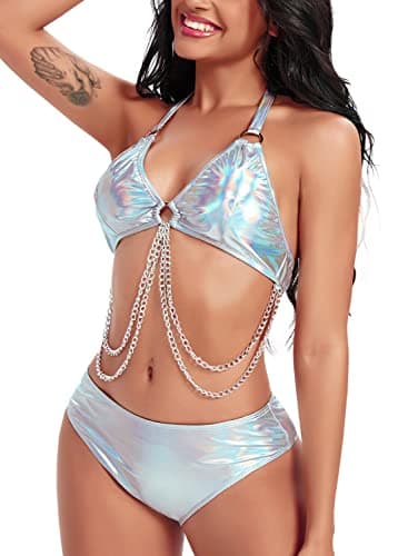 EDC Metallic Holographic Body Chain Harness Top & High Waist Bottom Festival Dance Bikini