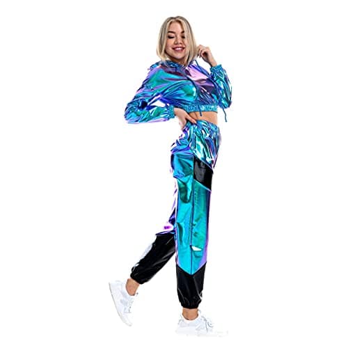 Women's Metallic Shiny Crop Top Hoodie and Long Pants Outfit for Rave Outfits and Disco Dance Clubwear