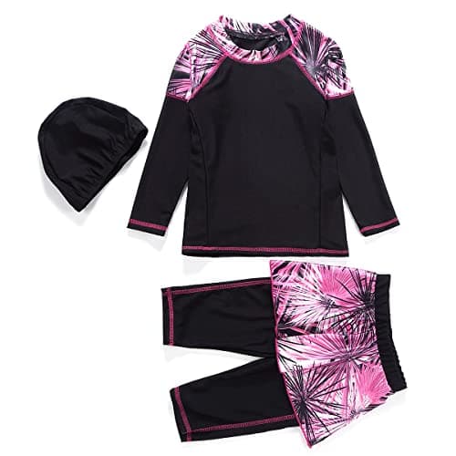 IMEKIS Modest Girl Burkini Swimsuit with Long Sleeve Rash Guard and Hijab Capris