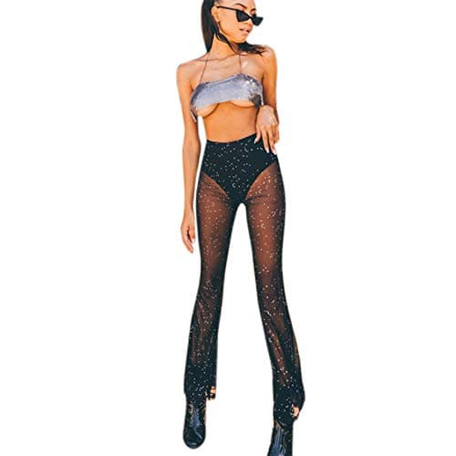 JUMISEE Women's Flared Mesh Sheer Pants for Dance Festival Clubwear