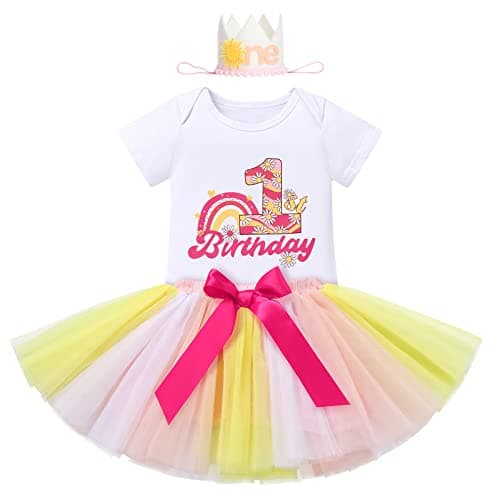 IBTOM CASTLE Baby Girl 1st Birthday Floral Lace Romper & Tutu Set+Crown Photo Clothes