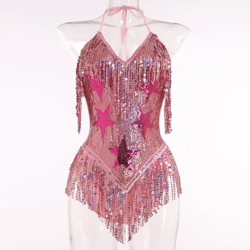FYMNSI Women’s Sequined Tassel Bodysuit for Festivals and Costumes