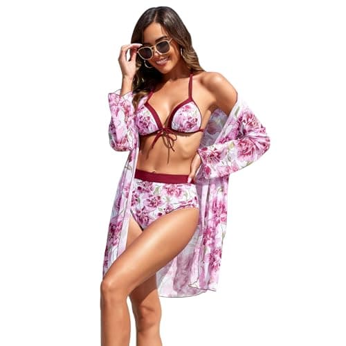 Women's 3-Piece Floral Print Swimsuit Set with Coverup for Vacation