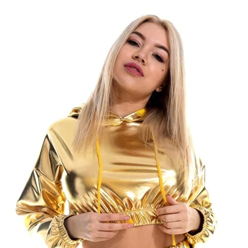 Women's Metallic Shiny Crop Top Hoodie