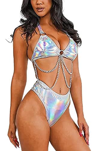 EDC Metallic Holographic Body Chain Harness Top & High Waist Bottom Festival Dance Bikini