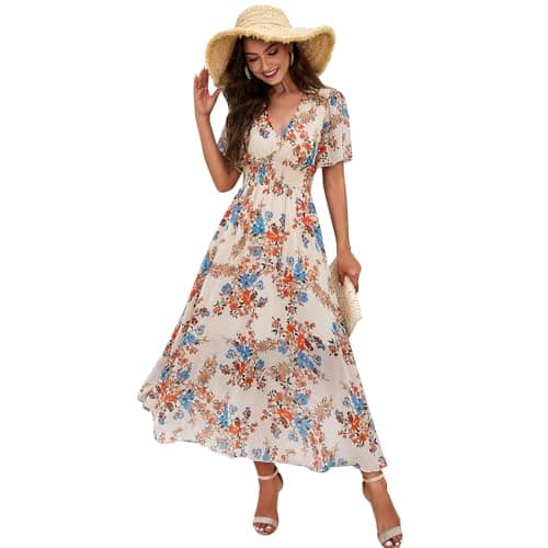 Boho Floral Printed Chiffon Maxi Dress for Women in Summer