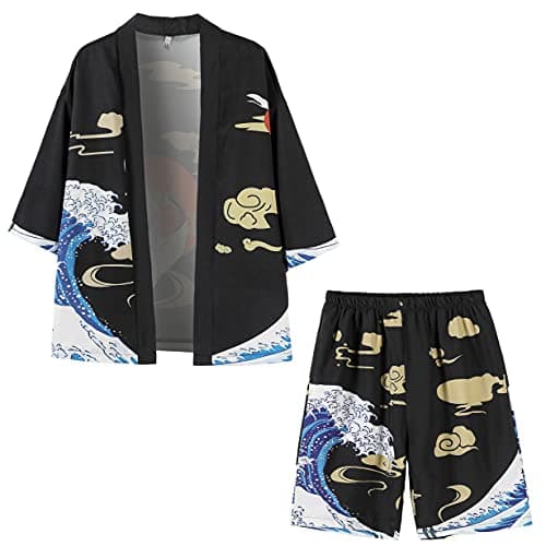 PRIJOUHE Mens Loose Fit Japanese Kimono Coat Jacket with Shorts