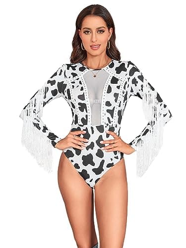 SweatyRocks Women's Printed Fringe Long Sleeve Sheer Mesh Bodysuit