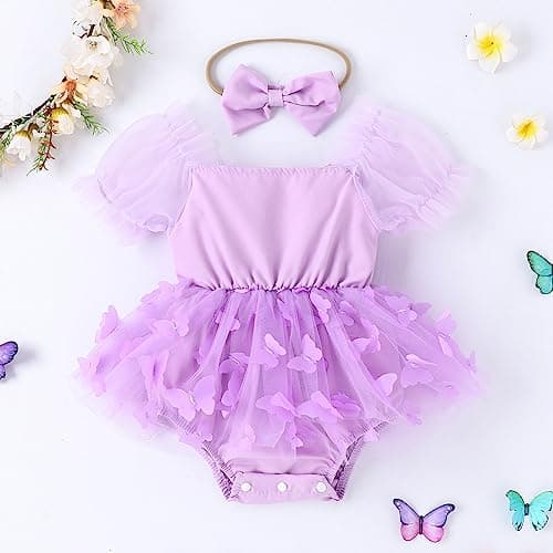 Baby Girl 1st Birthday Butterfly Romper Dress with Headband