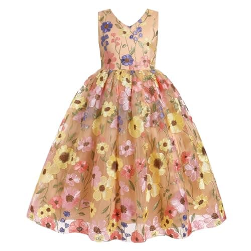 IWEMEK Girls Flower Embroidered Tulle Mesh Dress for Weddings & Birthdays