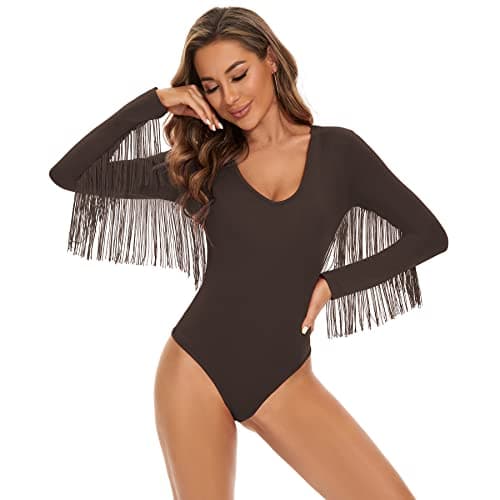 Zando Women's Fringe V-Neck Long Sleeve Bodysuit