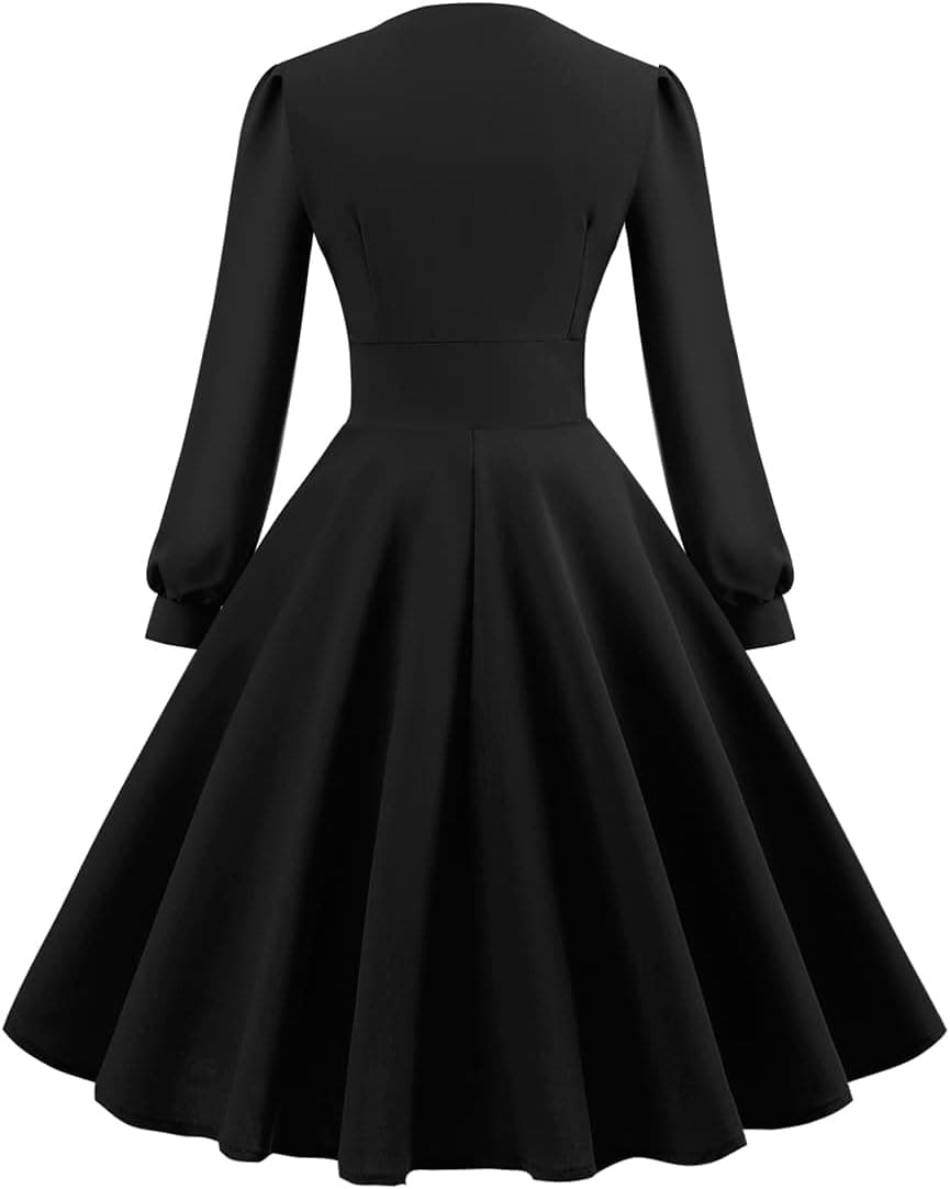 Retro 1950s Cocktail Dress for Women Vintage Long Puff Sleeve V Neck A Line Wedding Guest Dress