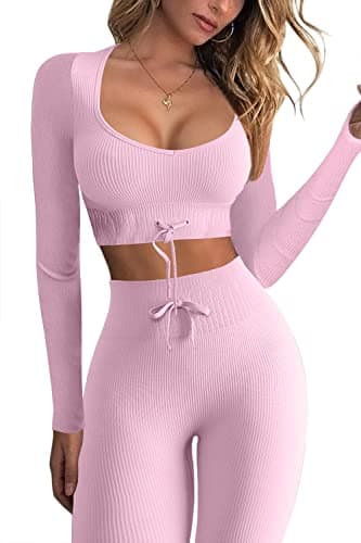 QINSEN Women's Seamless Workout Set - Long Sleeve Crop Top and High Waist Leggings