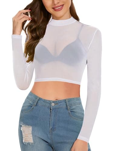 Women's Long Sleeve Bodycon Sheer Blouse See Through Mesh Top