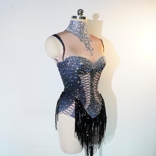 Youmeisha Black Fringe Rhinestone Dancing Costume for Women Stage Performances