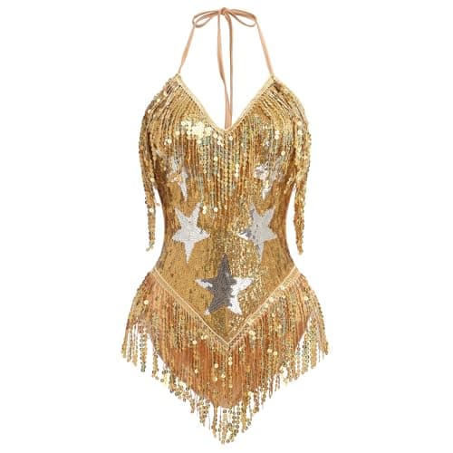 FYMNSI Women's Rave Bodysuit: Sleeveless Sequin Tassel Leotard for Nightclub and Halloween