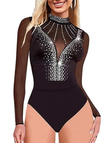 Sexy Rhinestone Studded Sheer Mesh Bodysuit for Women