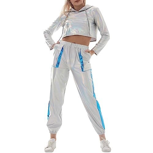 Shiny Metallic Hoodies for Women: Stretchy Holographic Sweatshirts